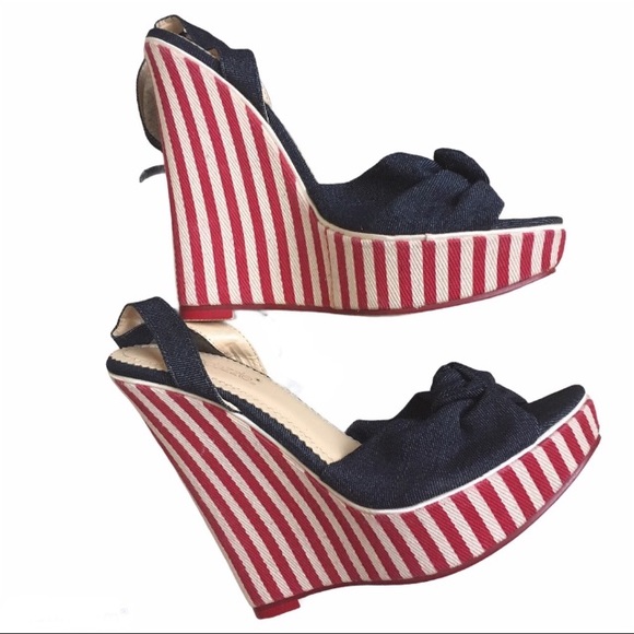 Denim Stripped Heels Peep Toe Sz.8 - Picture 3 of 7
